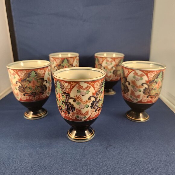 Arita Japanese Teacups Footed Yunomi Cobalt Blue Gold Trim Tea Cups Set 5 Imari - Picture 1 of 10